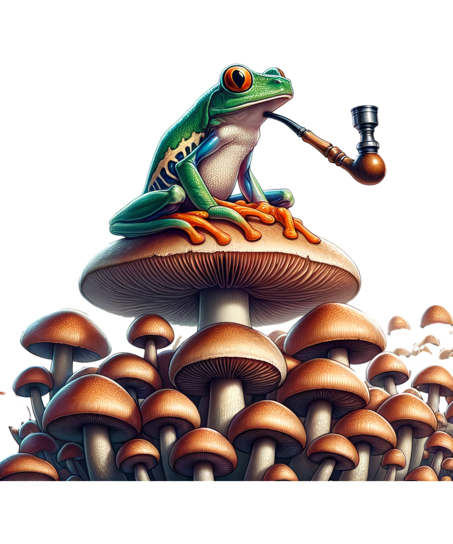 Frog smoking a pipe on a mushroom with more mushrooms in the background