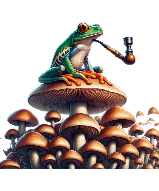 Frog smoking a pipe on a mushroom with more mushrooms in the background