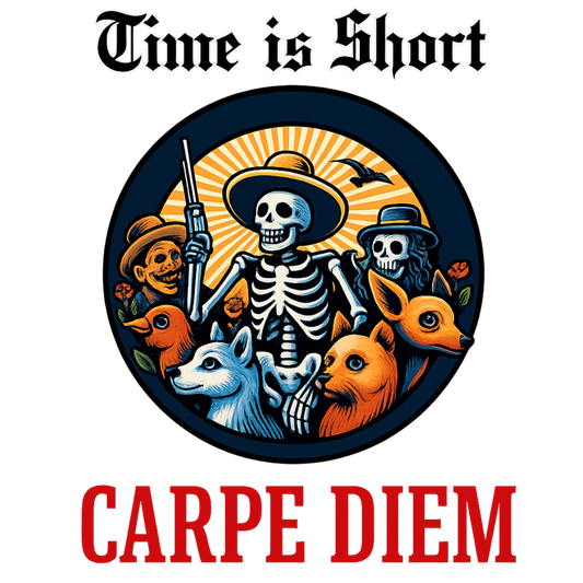 Circular design with skeletons, animals, and text 'Time is Short Carpe Diem' on a white background