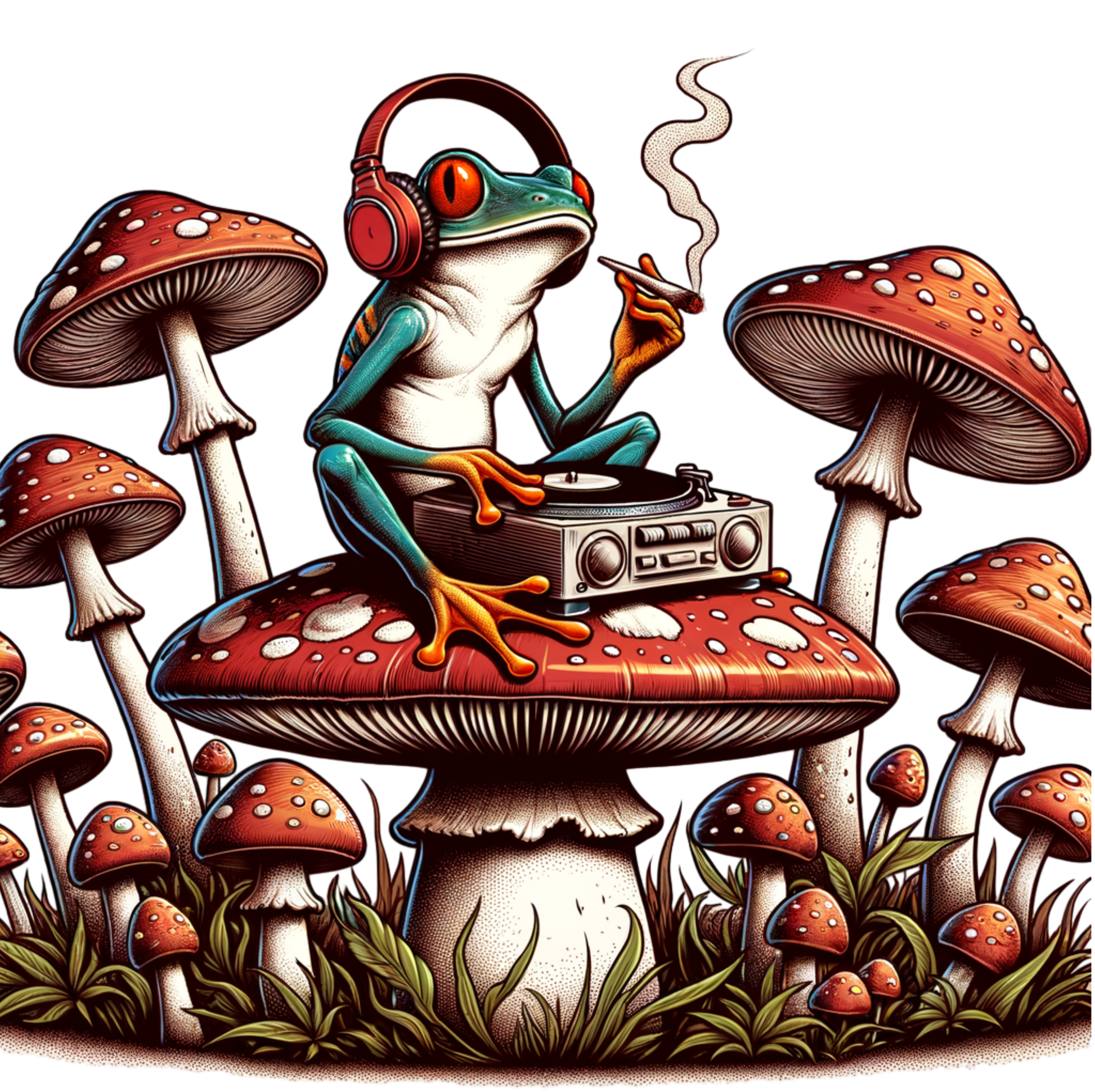 Frog with headphones smoking a cigarette on a mushroom, surrounded by more mushrooms.